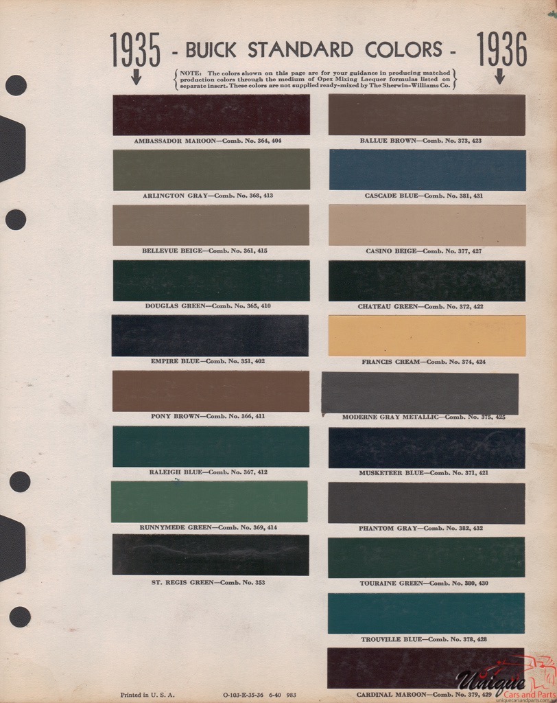 1935 Buick Paint Charts Williams 1